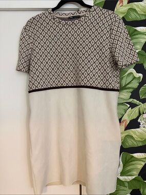 Zara Cream and Brown Geometric Knit Shift Dress